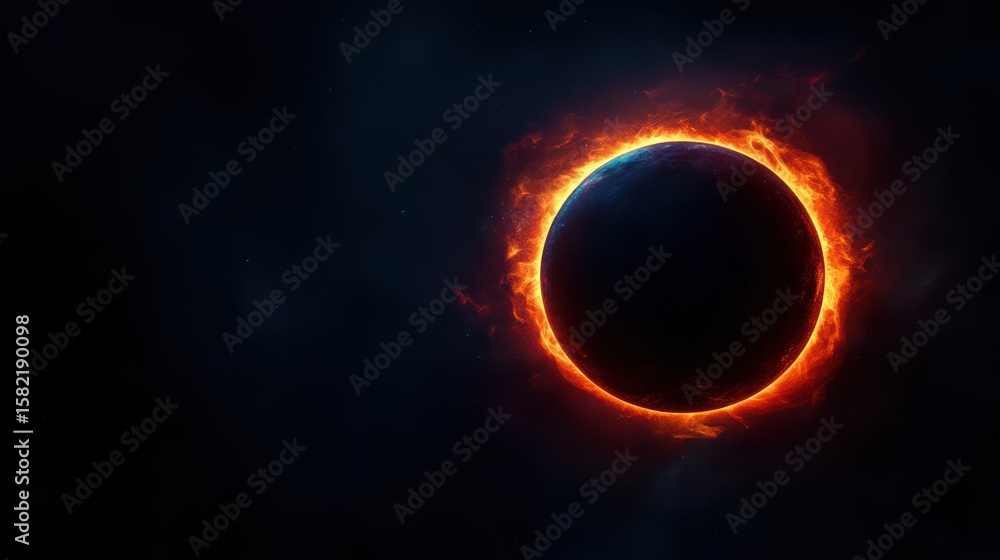Celestial eclipse with fiery corona and darkened planet Celestial eclipse with fiery corona and darkened planet