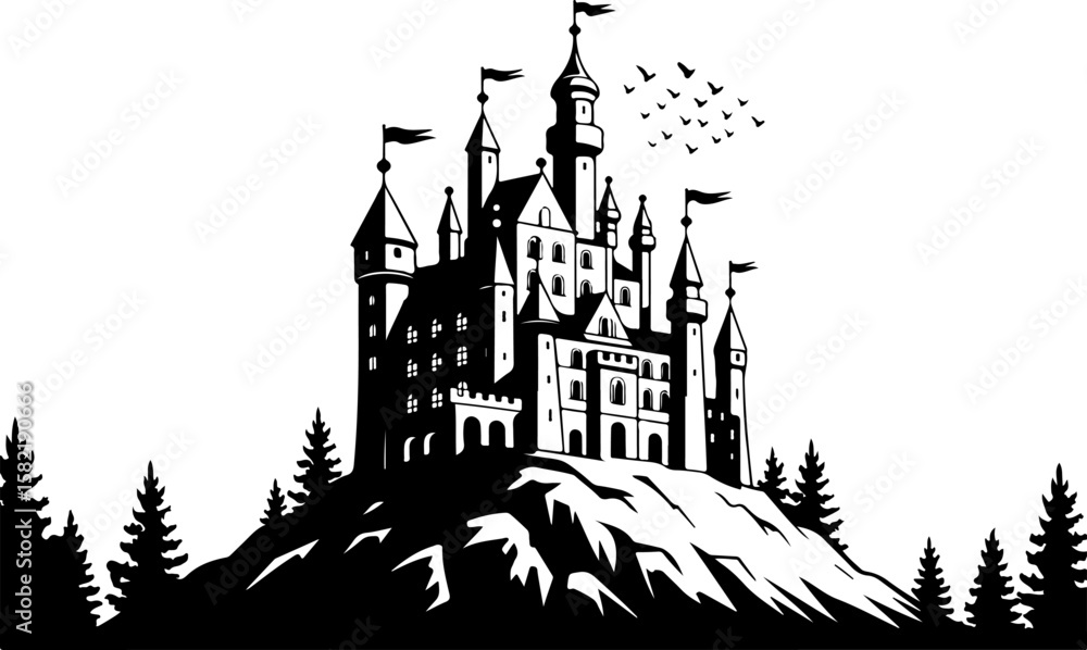 Fototapeta premium Ancient Haunted Castle Silhouette – Vector Illustration on White Background