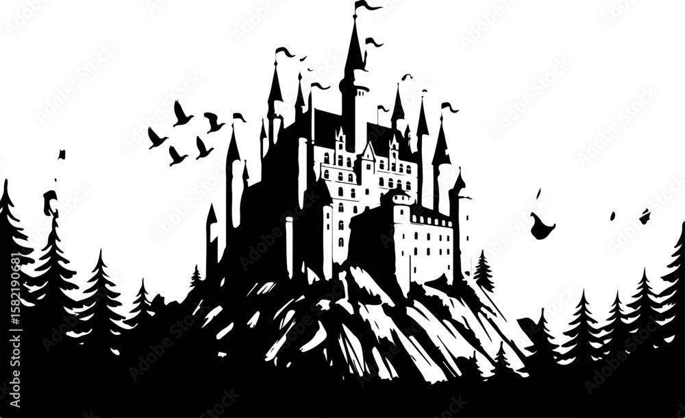Fototapeta premium Ancient Haunted Castle Silhouette – Vector Illustration on White Background