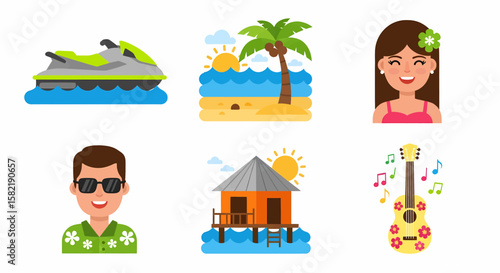 Set of tropical summer vacation icons. Flat vector illustration of beach travel elements including a jet ski, island, bungalow, and ukulele.

