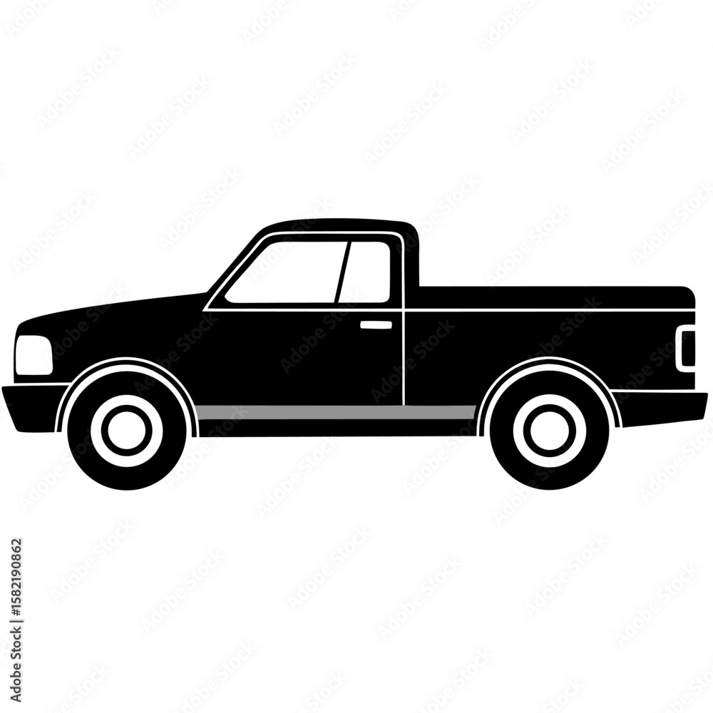Black silhouette of a pickup truck in a side profile view isolated on white background Black silhouette of a pickup truck in a side profile view isolated on white background