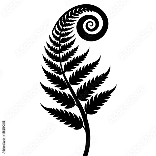 Elegant silhouette of a single fern frond with a gracefully curled tip isolated on white background