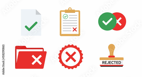 Flat design approval and rejection icons demonstrate decision making with marks of accept or decline, set against a white backdrop.
