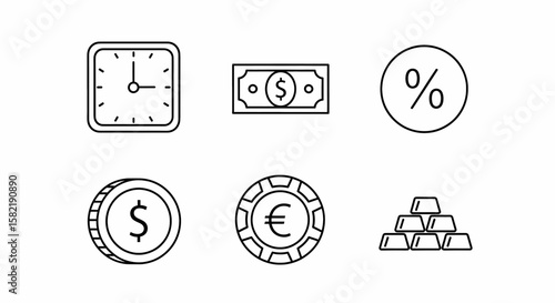 Banking and finance icons show clock, dollar, percentage, coin, euro, and gold assets