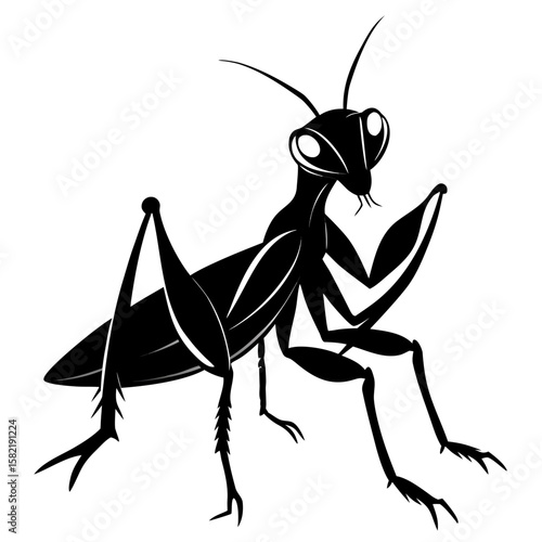 Silhouette of a praying mantis in an aggressive attack posture isolated on white background