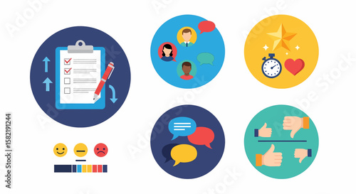 Customer feedback icons display satisfaction, performance, and surveys for improved quality and ratings