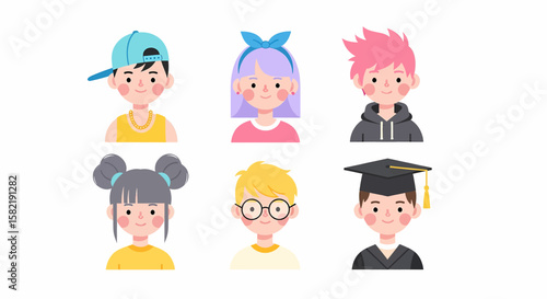 Diverse cartoon kids and teenagers faces show happy expressions against a clean white background, perfect for youthful designs