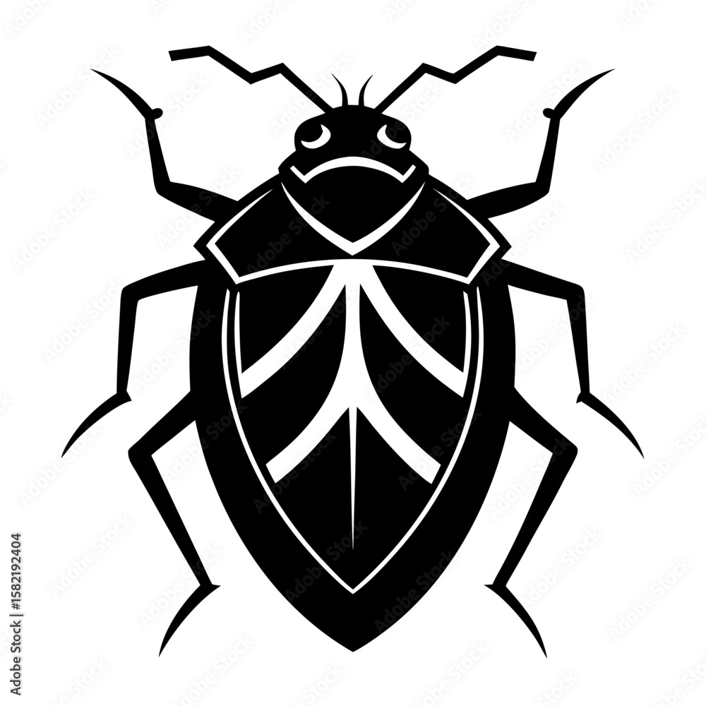 Fototapeta premium Black silhouette of a beetle with a shield shaped back isolated on white background