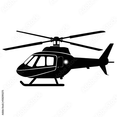 Black silhouette of a helicopter with spinning rotor blades isolated on white background