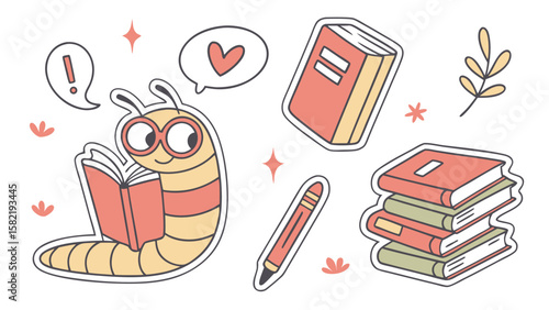 Cute cartoon caterpillar character reading a book with a heart speech bubble surrounded by books a pen and decorative elements on a white background