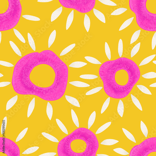 Bright patterns. Large shapes. Stylized flowers in the style of the 1970s.