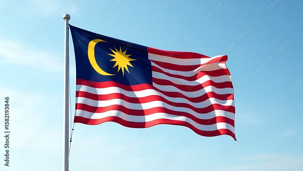 The Malaysian flag waving proudly against a clear, bright blue sky. The Malaysian flag waving proudly against a clear, bright blue sky.