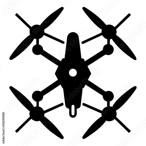Clean black silhouette of a modern drone with four propellers isolated on white background