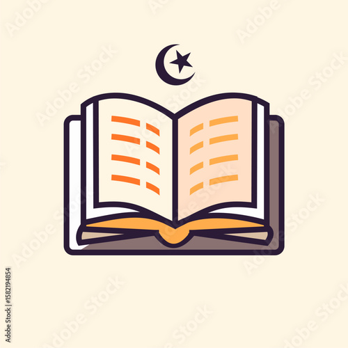 Open holy book, Quran, Islamic scripture, crescent moon, star symbol.