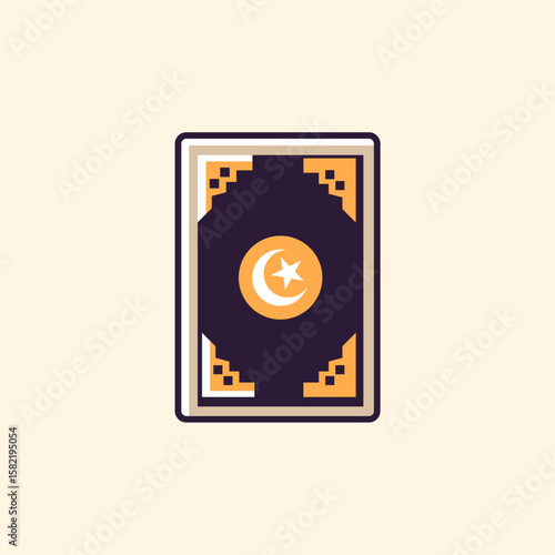A stylized illustration of a closed book with Islamic symbols.
