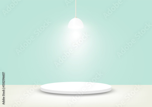 White circle base in clean soft green room with lamp. Space empty for your graphic. Vector illustration.
