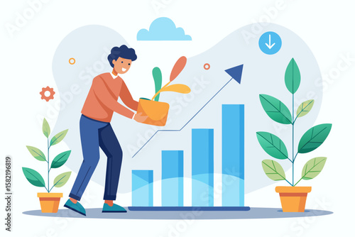 Growing business success with plant metaphor, presenting financial growth in bar chart form and an optimistic, gardening man.