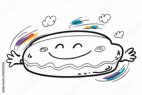 A charming smiling sausage character floats happily with playful colorful effects, suitable for children's designs and cheerful branding elements.