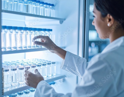 Young adult woman scientist handling medical vials in laboratory refrigerator
