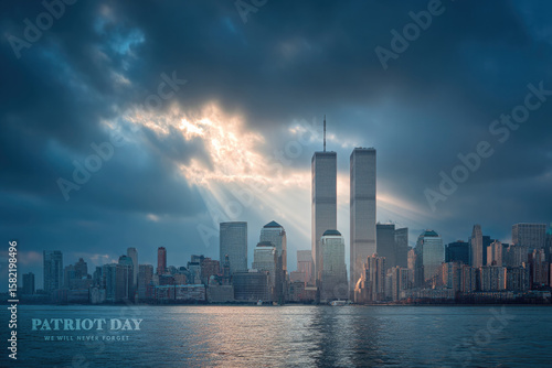 Skyline featuring Twin Towers under dramatic clouds, symbolizing