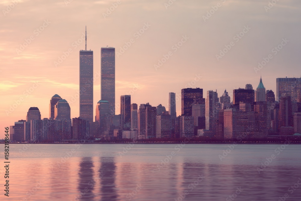 Naklejka premium Skyline showcases Twin Towers at dawn, symbolizing resilience an