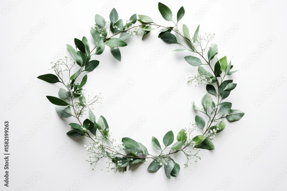 Naklejka premium Ethereal greenery wreath Delicate floral arrangement natural elegance flat lay on white background. Generative Ai