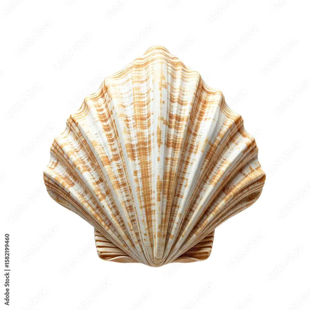 Obraz premium Beautiful large seashell with vibrant orange and white stripes for luxury brand advertising, eco-friendly product packaging design, or nature-inspired website hero image background