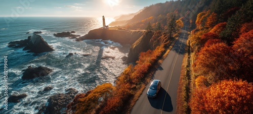 Fototapeta Naklejka Na Ścianę i Meble -  Photorealistic autumn coastal scene with crashing waves, cliffside road, glowing lighthouse, and vibrant fall foliage under golden sunlight, capturing nature’s beauty and resilience