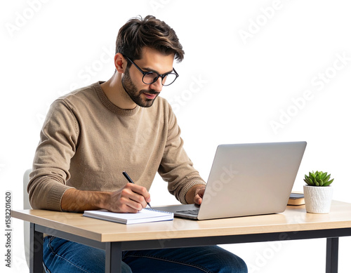 Student with Glasses Taking Notes on Laptop, transparent