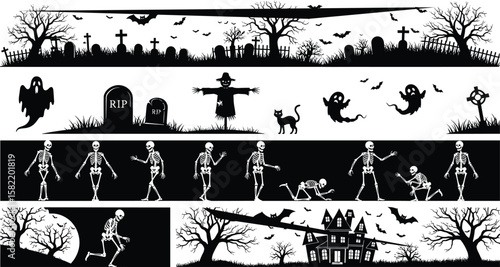 Halloween graveyard scene with skeletons, ghosts, bats, haunted house, spooky trees, grave markers, vector silhouette collection for decoration