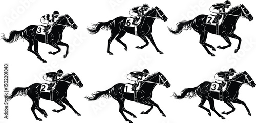 Horse racing silhouette set, galloping jockeys on thoroughbred horses, black vector artwork for sports design, competition, or equestrian projects