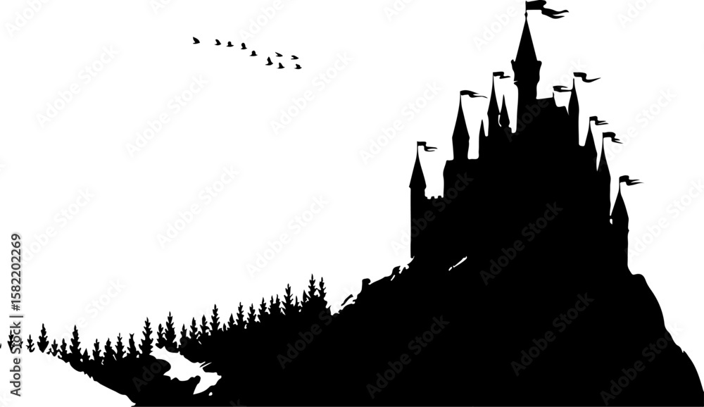 Obraz premium Ancient Haunted Castle Silhouette – Vector Illustration