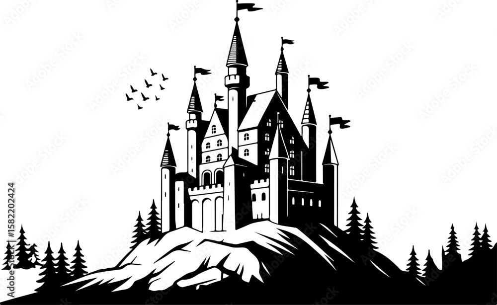 Fototapeta premium Ancient Haunted Castle Silhouette – Vector Illustration