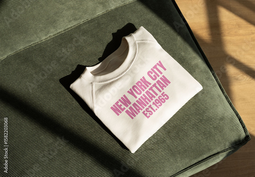 Modern Mockup of Folded sweatshirt on Textured green sofa