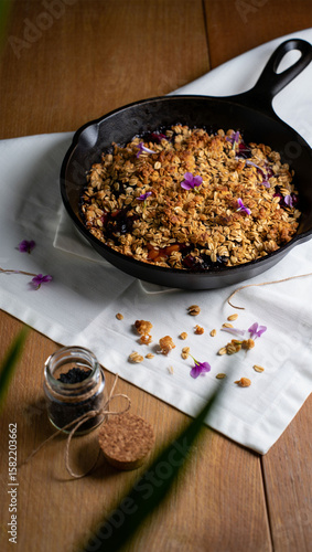 Homemade Fruit Crumble Dessert in Cast Iron Skillet
