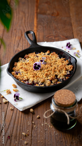 Homemade Fruit Crumble Dessert in Cast Iron Skillet