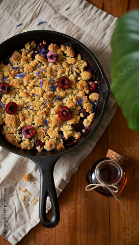 Homemade Fruit Crumble Dessert in Cast Iron Skillet