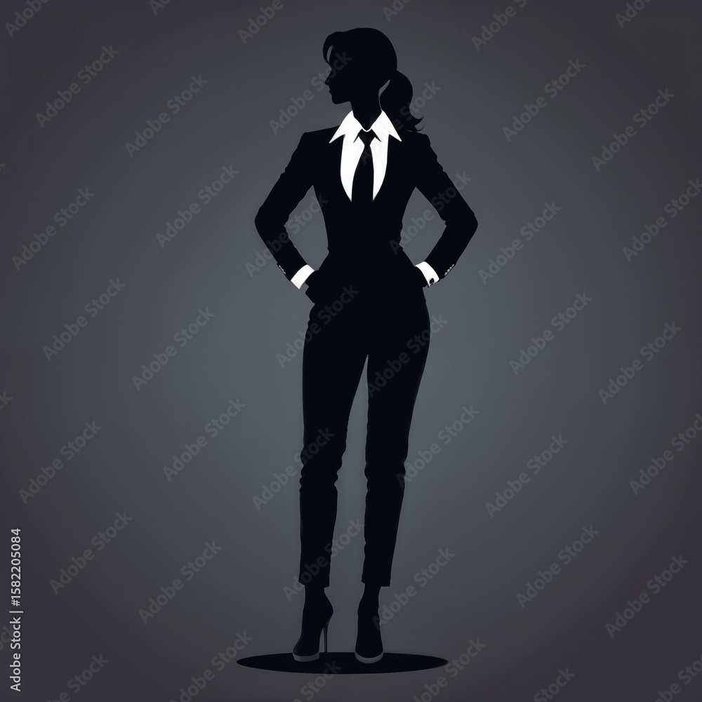Fototapeta premium Silhouette of a woman in a black suit with a white shirt and tie standing confidently posing