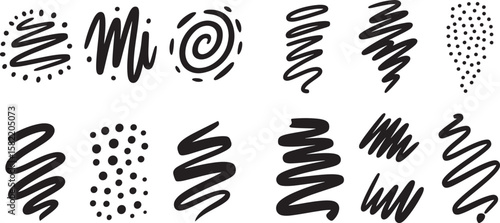 Abstract doodle brush stroke elements, perfect for adding a touch of creativity and flair to any design. Featuring a variety of hand-drawn shapes and textures.