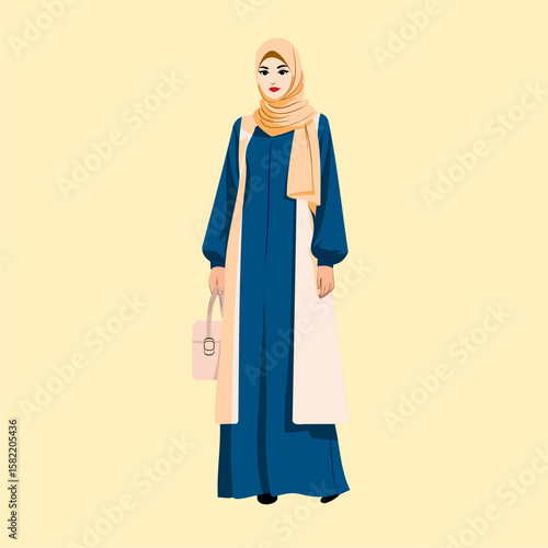 Illustration of a woman in a hijab and modest attire, holding a purse.
