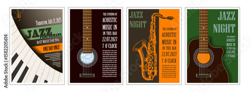 Collection of 4 retro posters for jazz and live music events. Retro style illustrations with guitar, saxophone, and piano. Perfect for flyers, album covers, promotional and print design