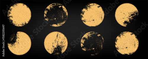 Hand drawn brush sun or moon rough set isolated on black background. Yellow grunge circle stamp set. Vector round ink texture badges