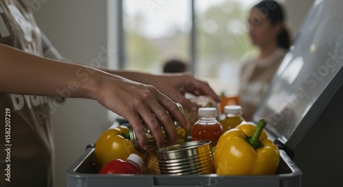 Woman handing oil bottles to elderly lady during food donation drive