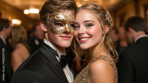 Elegant Couple at a Masquerade Ball: Romance and Mystery in the Air