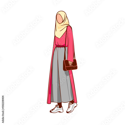 Illustration of a woman wearing a hijab, standing with a purse.
