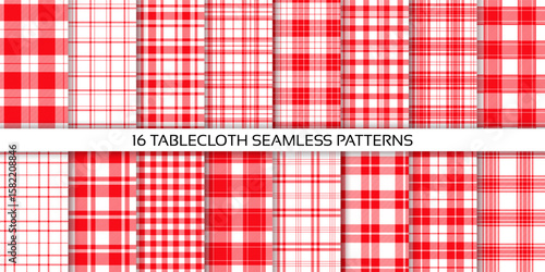 Plaid background. Table cloth seamless pattern. Red white tablecloth. Set checkered kitchen prints. Vichy gingham texture. Tartan check backdrops. Picnic retro textile wallpaper. Vector illustration.