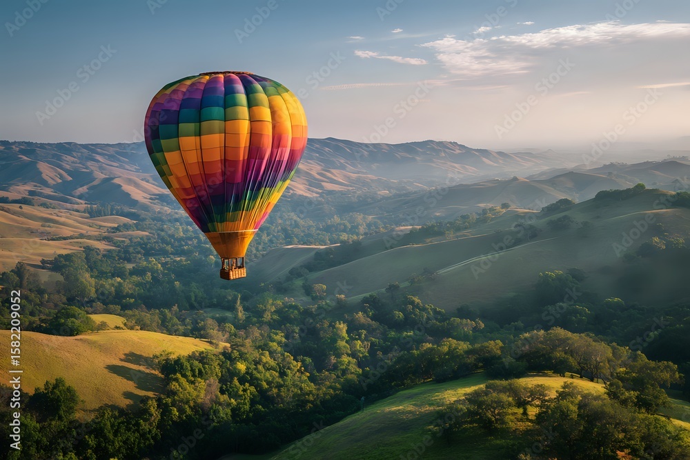 Naklejka premium Hot Air Balloon in Valley: Sunrise Adventure