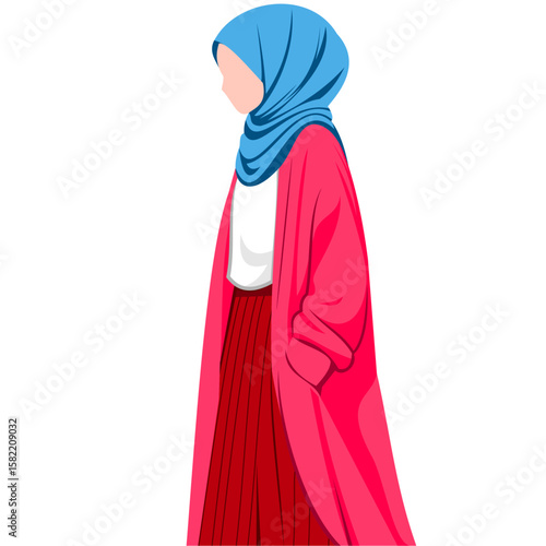 A stylish woman in a hijab, wearing a red coat and pleated skirt.