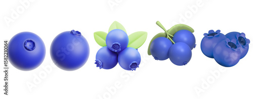 Set of 3d blueberry vector in various style and angle for design