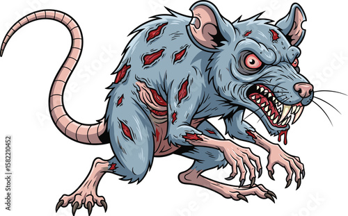 Zombie rat cartoon, scary undead rodent illustration, horror animal monster, creepy infected rat art, Halloween scary creature design, grotesque beast